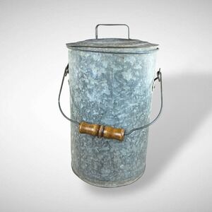 Galvanized Pail Lid Bail Wood Handle Fireplace Farmhouse 1940s Vintage